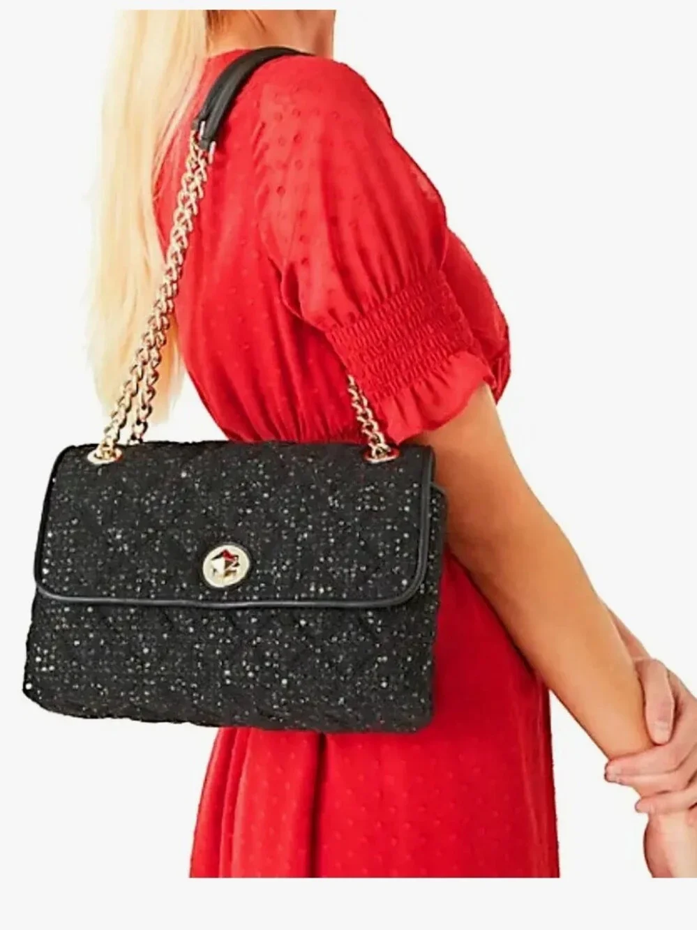 Kate Spade Black Sequin Tweed Fabric, Flap Shoulder Bag Or Crossbody